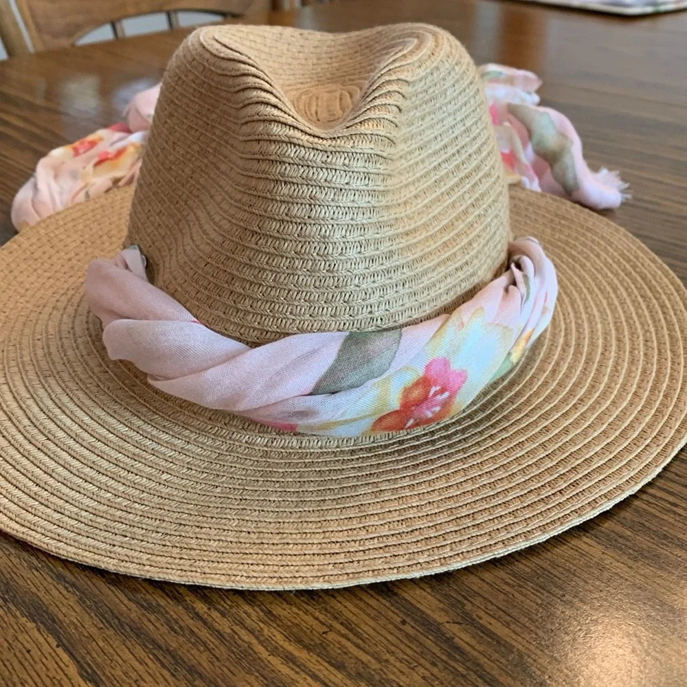 Betsy Johnson Straw Hat with Floral Scarf, like New